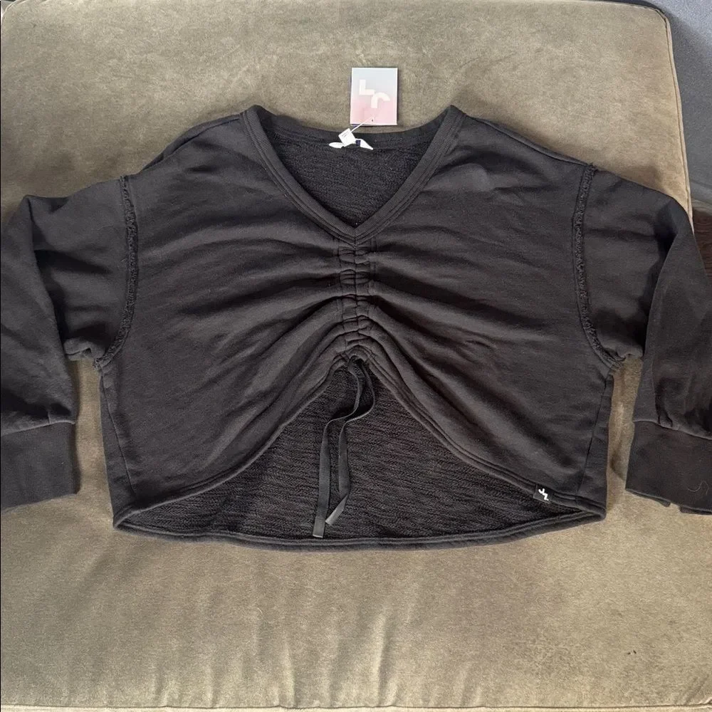 Women’s Joy Lab Black Cinch Front V-Neck Long Sleeve Casual Sweater Size L NWT